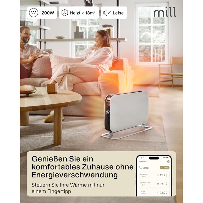 Електричний конвекторний обігрівач Mill 1200W, 14-18 м², Wi-Fi, енергозберігаючий, білий