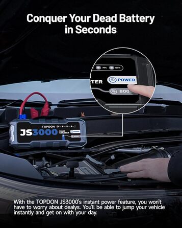 TOPDON JS3000 Powerbank для запуску двигуна: автостартер, бустер для акумулятора до 9л бензину/7л дизеля, 24000mAh, 3000A, LED, EVA-сумка