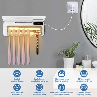 UV Toothbrush Sanitizer with 6 Toothbrush Brush Slots, UV Disinfection Toothbrush Holder with Drying, 2000mAh USB Rechargeable Toothbrush Sanitizer Holder Wall Mounted with 3 Modes for Bathrooms (White)