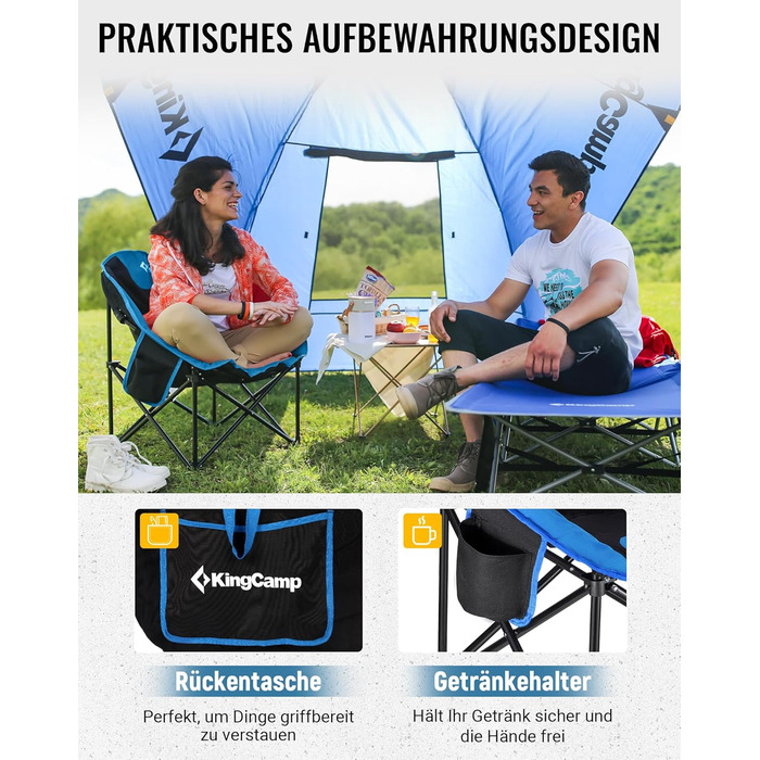 Крісло для кемпінгу KingCamp Moonchair XXL: зручне, м'яке, для відпочинку на природі, саду, риболовлі. Макс. 205 кг, з кишенею для напоїв та високою спинкою (Блакитний)