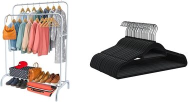 Легкий металевий вішак для одягу PORTENTUM – до 35 кг, з подвійною перекладиною та полицею для взуття, з антиковзними ніжками, захисні кінці, швидкий монтаж. Без вішалок (Білий, з 30 оксамитовими вішалками)