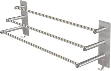 Тримач для рушників Vista з 3-ма перекладинами без свердління, нержавіюча сталь SUS304, сріблястий, з двома гачками, 60 см