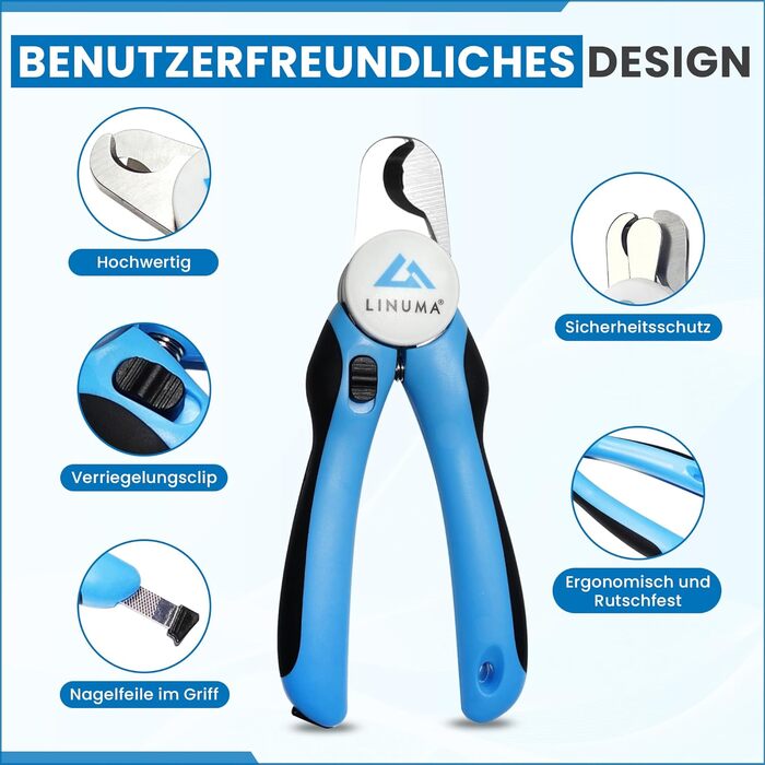 Професійні ножиці для обрізання кігтів собак, котів та дрібних тварин з нержавіючої сталі, з функцією зупинки, інтегрованим напильником та неслизькою ручкою. Підходять для початківців. Колір: блакитний