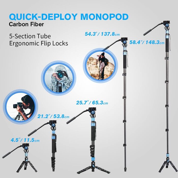 SIRUI Monopod P-325FS+VA-5: Вуглецеве моноподіум для камери, 170 см, вантажопідйомність 10 кг