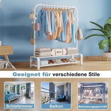 Clothes Rack, Coat Rack Stable Clothes Rod with 6 Hooks and 2 Shoe Shelf Storage Shelf, Bedroom Clothes Rack Freestanding Clothes Rail, (White)