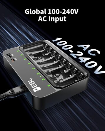 Зарядний пристрій EBL для акумуляторів AA, AAA, 9V, сумісний з NI-MH, USB-C PD3.0 та Micro USB, швидка зарядка