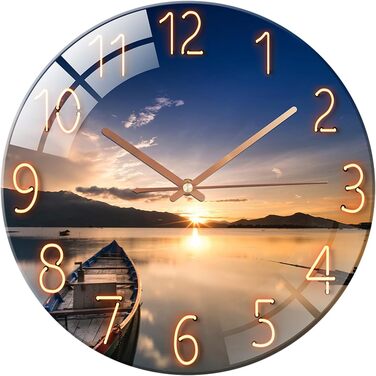 ALEENFOON Wall Clock, Glass, 30cm, Silent, Non-Ticking, Decorative Round Wall Clock for Living Room, Kitchen, Bedroom, Hallway, Office (Sunset)