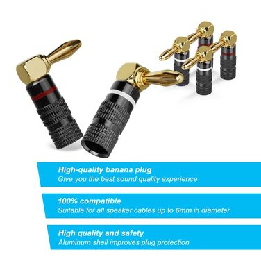 4 шт. Бананові конектори для акустики 4.5 мм, 90 градусів, позолочені 24K, для підключення до підсилювача, ресивера, стереосистеми