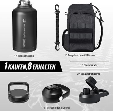 OneTigris Stainless Steel Water Bottle, 1.9L High Capacity, Insulated Sports Bottle for Cycling, Camping, Yoga, Gym, Softair, OD Green, 64oz (Black)