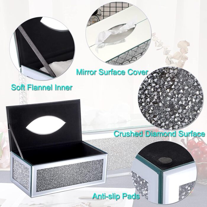 BTSKY Glittering Glass Tissue Box with Crushed Crystal Diamonds for Home Decoration, Table Napkin Holder