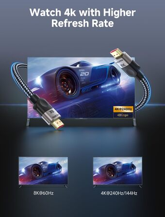 HDMI 2.1 кабель Southlight 5 метрів (8K@60Hz, 4K@120Hz, 48Gbps) – Ultra High Speed, eARC, HDCP 2.2/2.3, DTS:X, Dolby Atmos, сумісний з Soundbar, PS2, PS5, Xbox, Roku TV, сірий