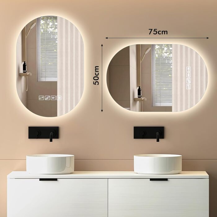 Дзеркало для ванної кімнати з підсвічуванням LED, 60 см, протитуманна функція, Bluetooth, сенсорний вимикач, регулювання яскравості, 3000K/4000K/6500K, HD-загартоване скло, 500x750 мм (овальне)