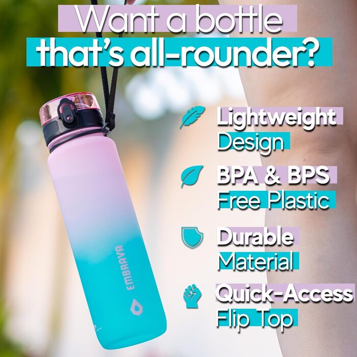 Embrava Best Sport Water Bottle - 1000ml - fast-flowing, flip-top leak-proof lid that opens with a click - non-toxic, BPA-free & eco-friendly Copolyester-Tritan plastic (Blossom Breeze)