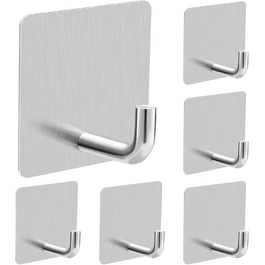 Набір гачків для рушників без свердління 6 шт. з нержавіючої сталі для ванної кімнати та кухні, самоклеючі, до 10 кг, вологостійкі, срібні