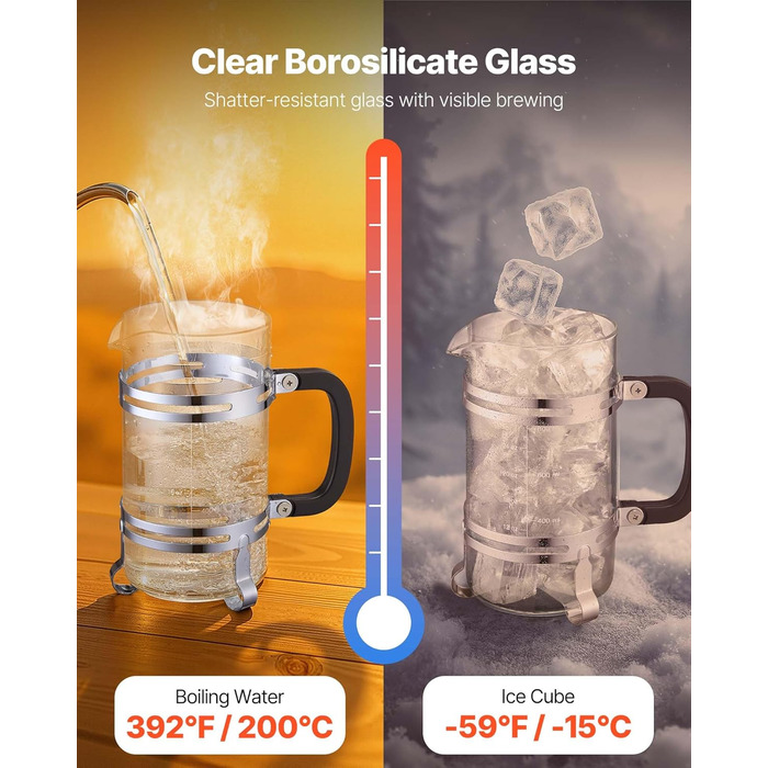 Френч-прес VEVOR 1 л з боросилікатного скла та нержавіючої сталі - для приготування кави, чаю, кемпінгу, подорожей, кухні, ресторану