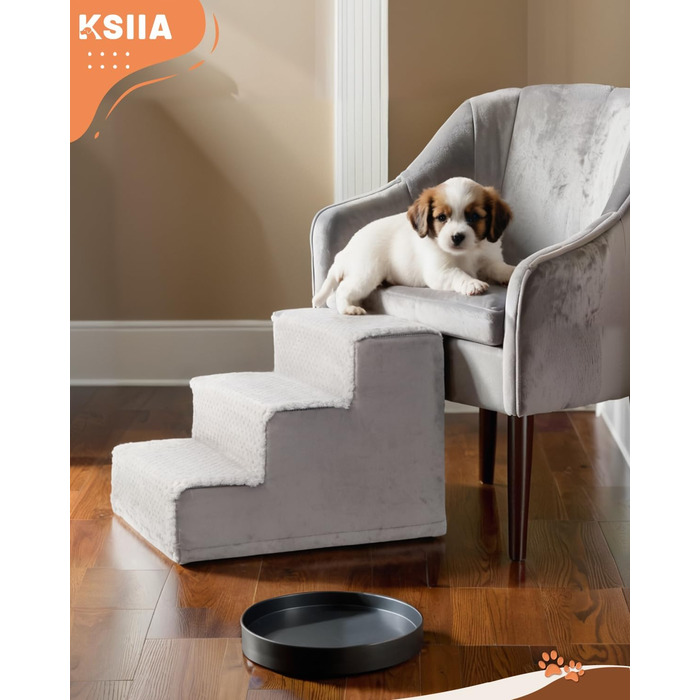 KSIIA Dog Stairs for Small Dogs 44cm High, Pet Stairs with Removable Washable Cover, Cat Stairs for Elderly Cats and Dogs, Non-Slip Dog Ramp Dog Stairs for Bed Sofa, Grey (3 steps (L45 x W38 x H33 cm))