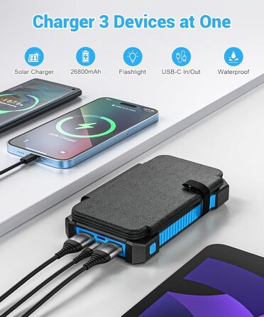 Портативний зарядний пристрій Solar Powerbank 26800 mAh з сонячною панеллю, USB-C, 18W, IPX7, водонепроникний, для iPhone, Samsung та інших, з ліхтариком (SOS, стробоскоп), блакитний