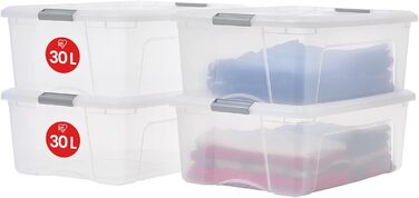 Iris Ohyama Storage Boxes with Lid, 60L, 4-Piece Set, Silver, Secure Closure, Stackable, Handles, for Bedroom, Closet, Office, Organization, BPA-Free Plastic, Storage Boxes, NTB-60 (Silver, 30L/4-Piece Set)
