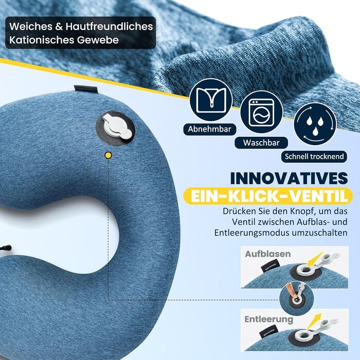 Подушка для шиї HIKENTURE надувна для подорожей літаком/поїздом з чохлом, синього/темно-синього кольору. Надувна подушка для шиї, зручна для дорослих.