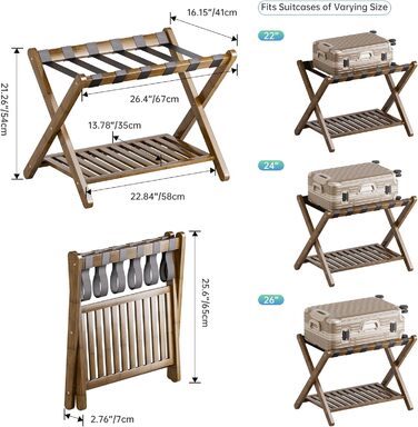 SMIBUY Luggage Rack, 2-Piece Set, Folding Bamboo Suitcase Stand with Shelf for Guest Room, Bedroom, Hotel, Heavy-Duty (Walnut)