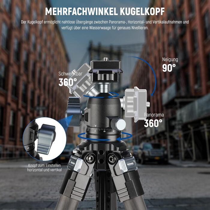 Карбоновий штатив Neewer LT36 (184 см) з кулястою головкою 360°, легкий трипід для відеокамер та фотоапаратів, Arca-Swiss QR-платформа, сумісність з Peak Design Capture V3