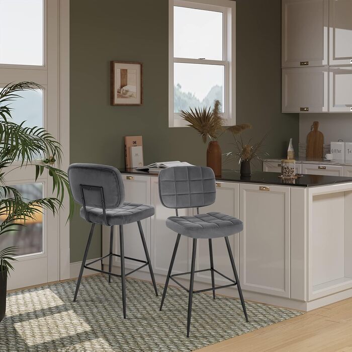 EUGAD Velvet & Metal Bar Stools 2-Pack - Padded Kitchen Counter Stools with Footrest & Backrest - Dark Gray