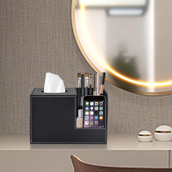 Організатор для серветок з шкіри, коробка для тканинних серветок, квадратна, з тримачем для пульта, чорний