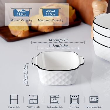 Набір форм для запікання NUTRIUPS 400 мл (4 шт.) з кераміки, 14.5 x 11.5 x 5.5 см, квадратні, з ручками, для духовки та мікрохвильової печі (з візерунком ромбіків)