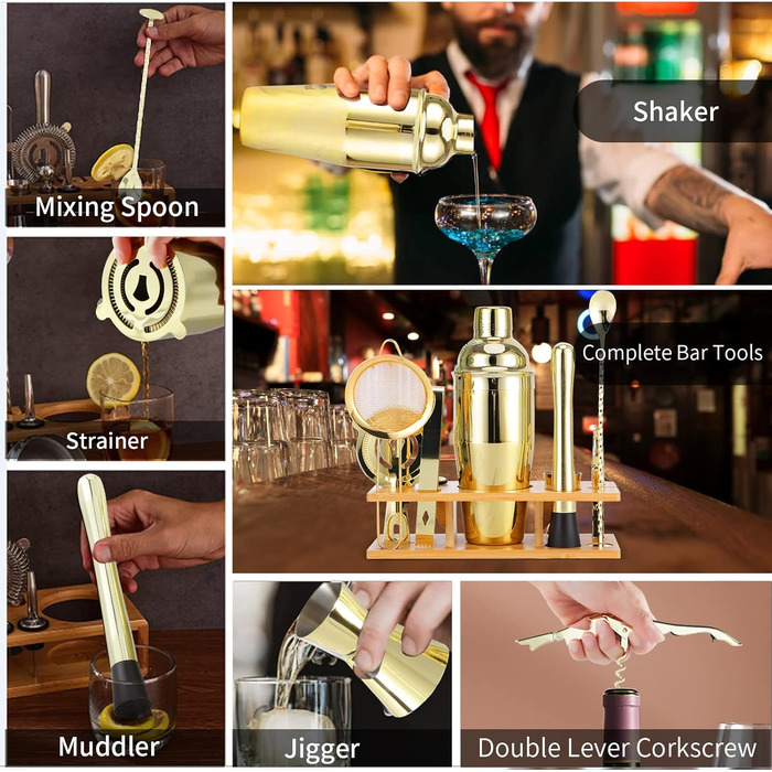 OBALY Bartender Kit 11-Piece Cocktail Shaker & Muddler for Cocktails 25oz Boston Shaker-Bar Accessories with Stylish Bamboo Stand Mix Drink Shaker Kit Perfect Martini Kit with Cocktail Recipe Booklet...