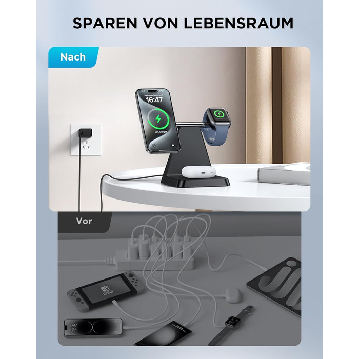 Бездротовий зарядний пристрій MagSafe 3-в-1 для iPhone: зарядка для Apple Watch та AirPods, сумісний з iPhone 16/15/14/13/12 (Білий/Чорний)