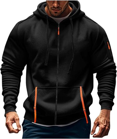 Худі Aulemen чоловіче з блискавкою, з довгим рукавом, спортивна куртка, Slim Fit, з капюшоном, з кількома кишенями, для повсякденного носіння та спорту (Чорний, XXL)