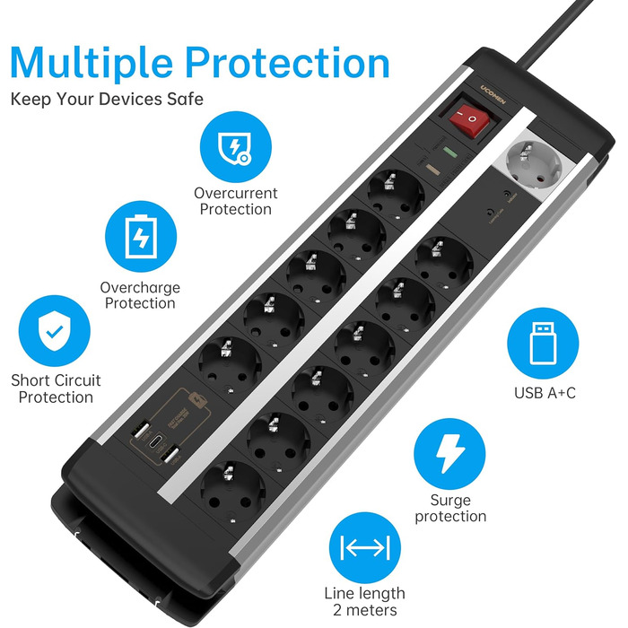 Мережевий фільтр Ucomen 10-фазний з USB та захистом від перенапруги (3680W 16A) для комп'ютерних столів, 10 розеток + 20W USB зарядний пристрій (USB-A та USB-C), кабель 1.5м