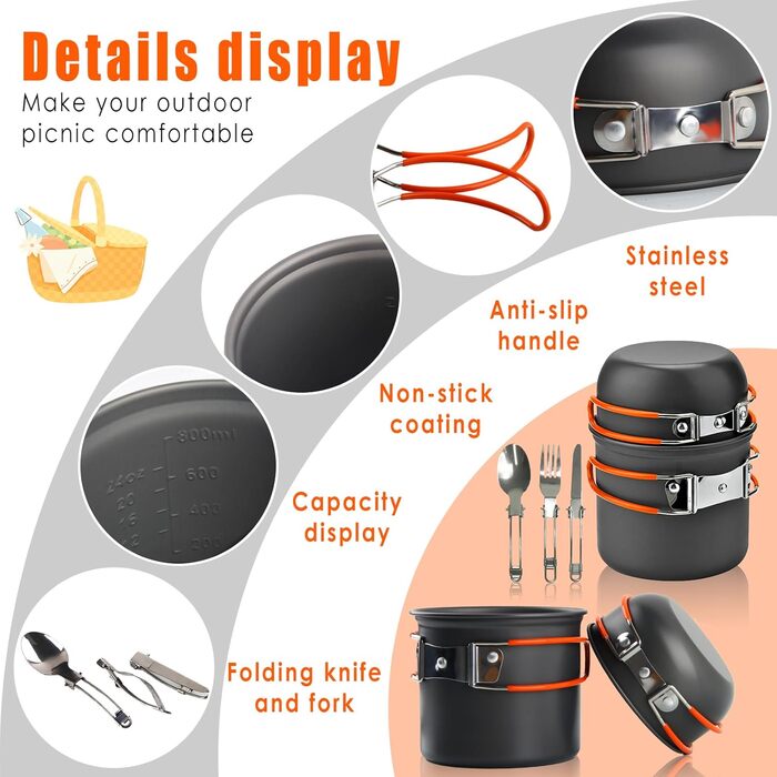 Набір посуду для кемпінгу та приготування їжі на природі (1-2 особи), легкий, для туризму та подорожей