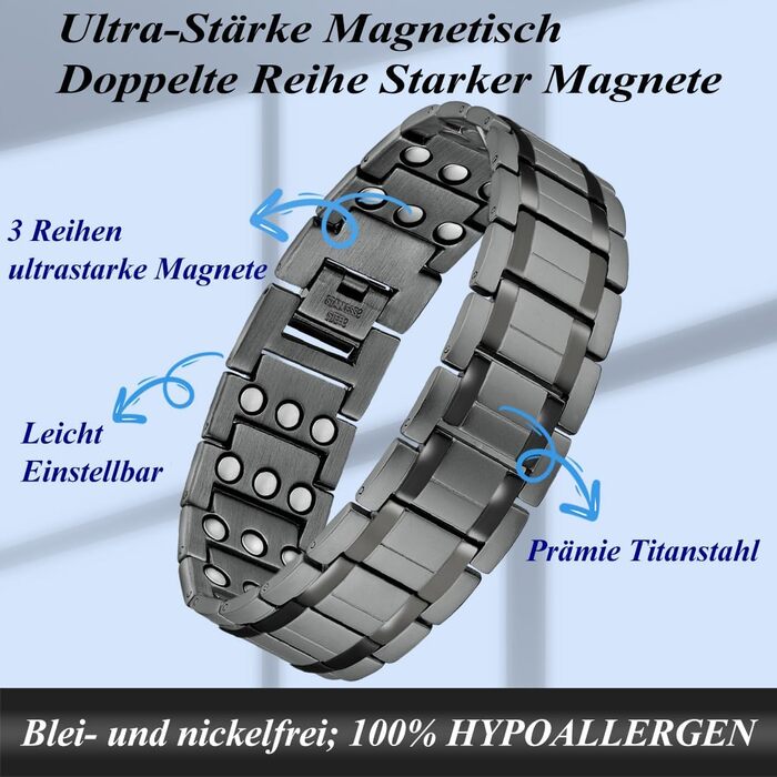 Браслет для лімфодренажу з магнітами для чоловіків, титан, регульований, з інструментом для зняття та подарунковою коробкою (Чорний) (3 ряди сірого кольору)