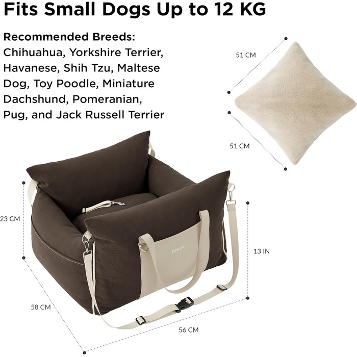 Pet Car Seat for Small Dogs - Waterproof and Washable Dog Car Seat with Storage Pockets, Detachable Safety Leash, and Thickened Memory Foam Filling, 58x56x33cm, (Brown)