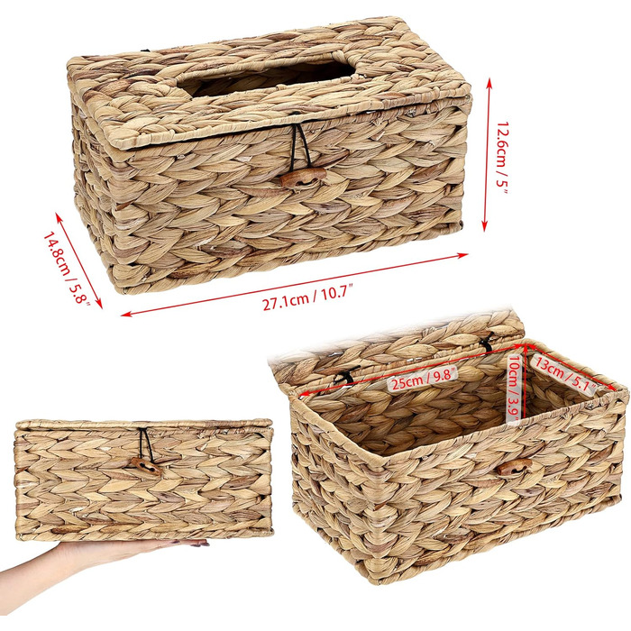 SUMNAKON Brown Rattan Tissue Box with Lid, Cosmetic Tissue Boxes, Napkin Storage Box for Bathroom, Living Room, Office, Restaurant, Crafts (Rectangle, Large)