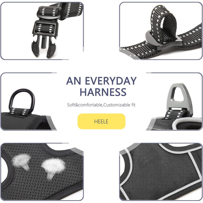Шлейка для собак HEELE, No-Pull, для середніх собак, м'яка, дихаюча, регульована, світловідбиваюча, з м'яким ручним захопленням, чорна, розмір L