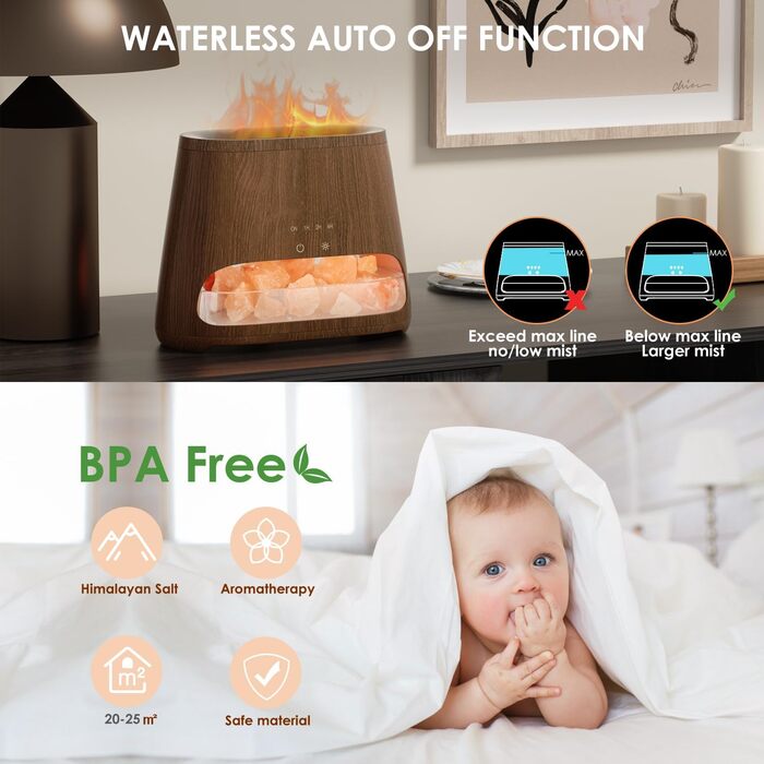 SALKING Аромадифузор з підсвіткою та ефектом полум'я, 150 мл, темне дерево | Увлажнитель повітря, для ефірних олій, 3 режими яскравості