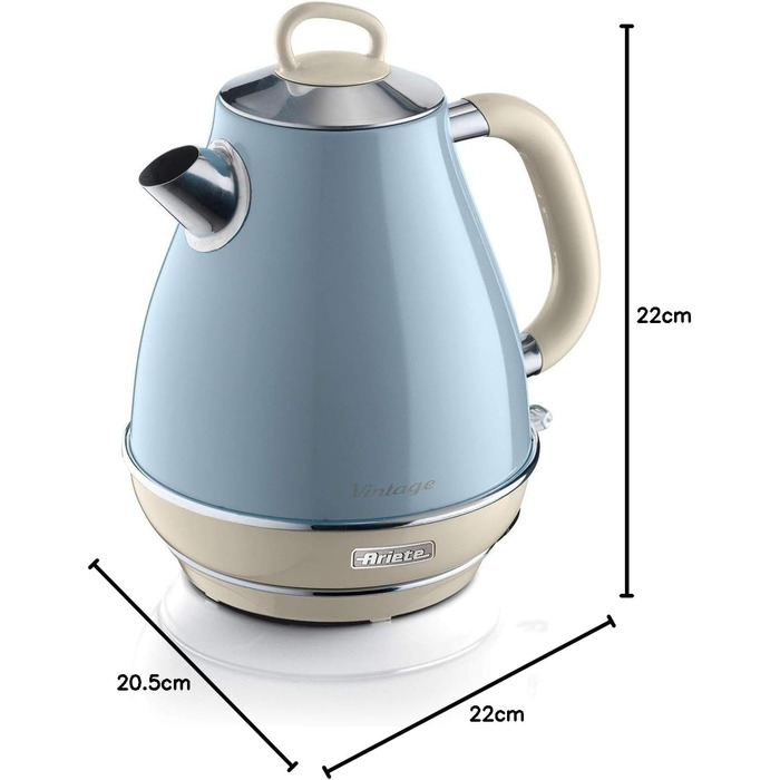 Ariete Vintage Blue Electric Kettle - 1.7L Stainless Steel, 2000W with 360° Swivel Base & Water Level Indicator