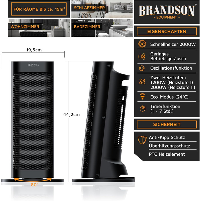 Керамічний обігрівач Brandson з дистанційним керуванням, 2000 Вт, для ванної кімнати, тихий, з осциляцією, 2 режими нагріву, економний режим, підвищена безпека, чорний