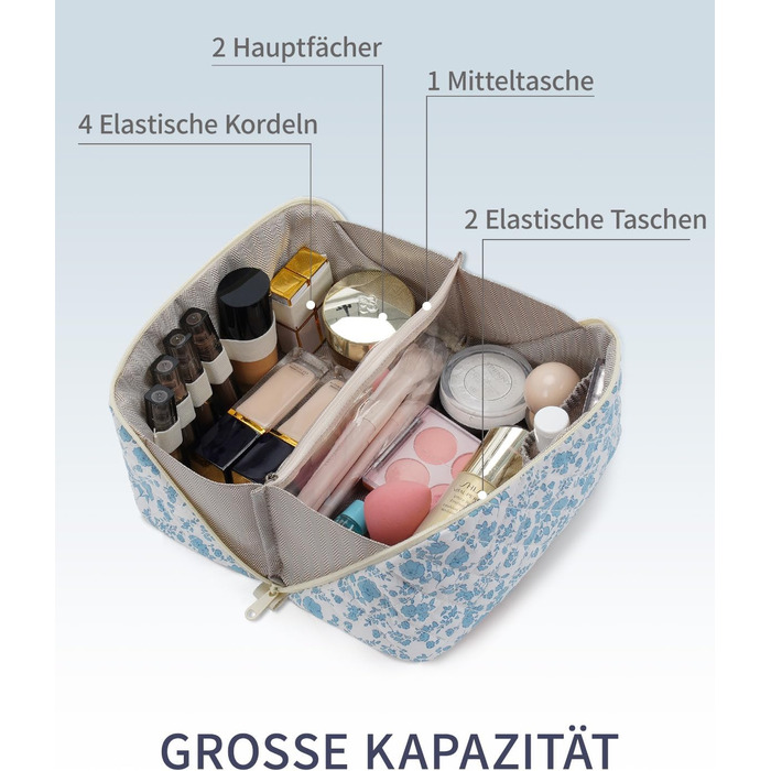 Косметичка для подорожей Wandering Nature для жінок з відділенням для пензликів, водонепроникна, велика, з перегородкою та ручкою (блакитна квітка)