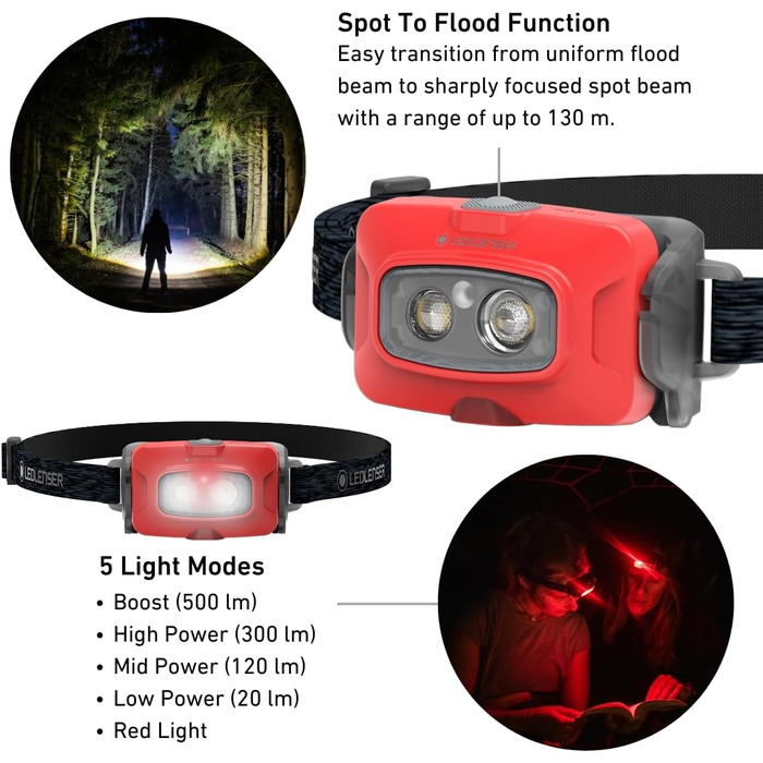 Ledlenser Rechargeable Headlamp | LED Headlamp 500 Lumens | Adventure Headlights Waterproof with Red Light | Outdoor Headlamp | Headlamp | Waterproof Head Flashlight IP68 (HF4R Core, Red)