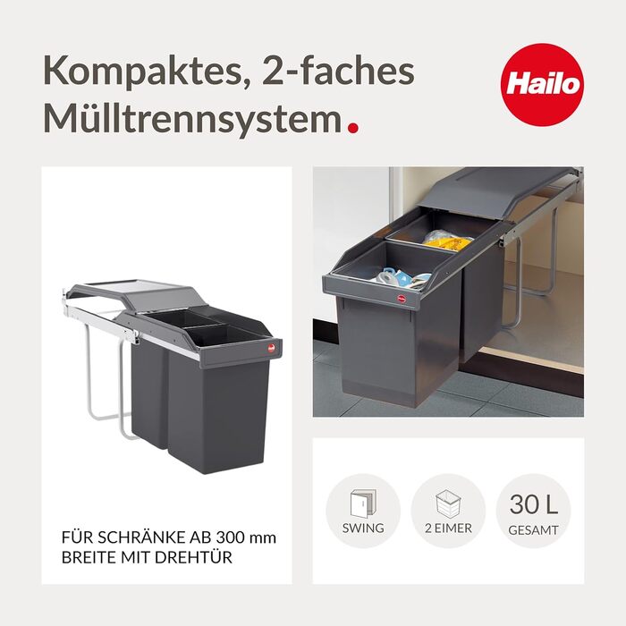 Відро для сміття Hailo Tandem 3650103 | Вбудований контейнер для сміття 2 секції з 50 мішками | для шаф шириною від 300 мм | Зручний висувний механізм на роликових направленнях | Сріблястий та антрацитовий пластик 3650101