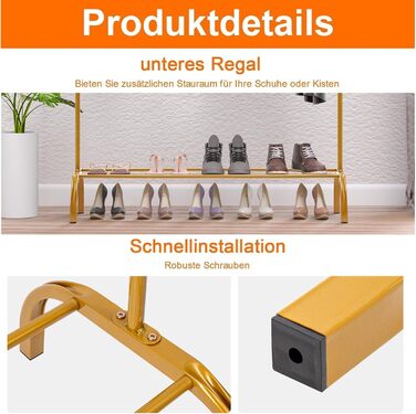 Підставка для одягу на підлозі, металева з полицею для взуття та нижньою полицею, золота, для спальні