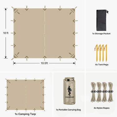FREE SOLDIER 3x3.2m Waterproof Tarp - Ultralight Camping Shelter, UV Protection, Military Green & Beige - for Hiking, Outdoor Activities