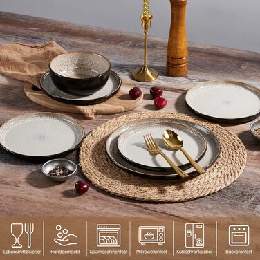 Набір посуду HaWare на 6 осіб, 18 предметів: тарілки, десертні тарілки, миски. З реактивною глазур’ю, стійкий до миття в посудомийній машині та використання в мікрохвильовій печі, бежевий колір.