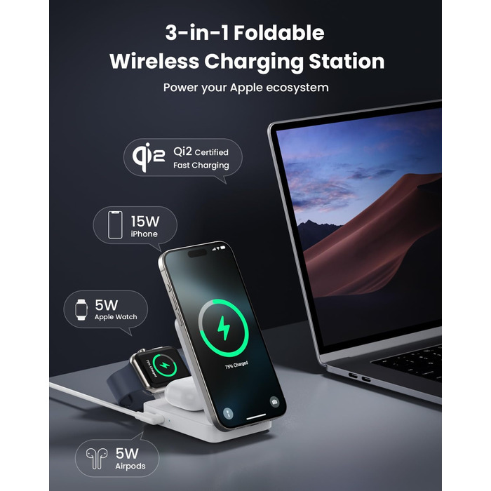 3-в-1 Бездротовий зарядний пристрій: Inductive Qi2, MagSafe, для iPhone 16/15/14/13/12, Apple Watch, AirPods (білий)