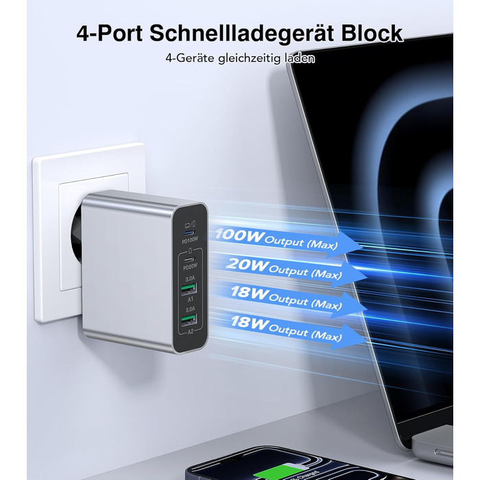 Зарядний пристрій USB C 120W з USB-A, 4 порти, PD3.0, для MacBook Air, iPhone 17/16/15/14 Pro/Pro Max, Samsung та інших смартфонів - Сірий