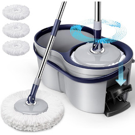 Набір для миття підлоги з відром, мікрофібра, набір мікрофібрових моп-головок, 2 в 1 відро для миття з мопом та педаллю, моп з функцією віджиму для всіх типів підлог. Колір: сірий + темно-синій