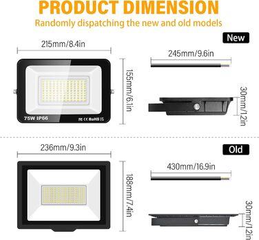 RIGIDON 2x 75W LED Floodlights Outdoor, 7500LM Outdoor Floodlight, 6000K Cool White IP66 Waterproof LED Floodlight, Outdoor Lamp for Garden, Courtyards, Garage, Hotel, Sports Field, Workshop